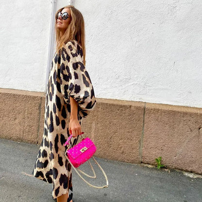 Elegant Leopard Print Womens Dress with V-Neck and Lantern Sleeves