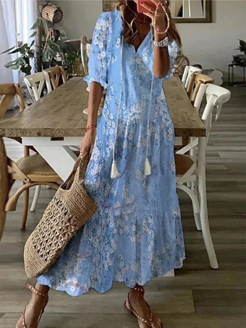 Itemania Elegant Boho V-Neck Maxi Dress with Flowy Design