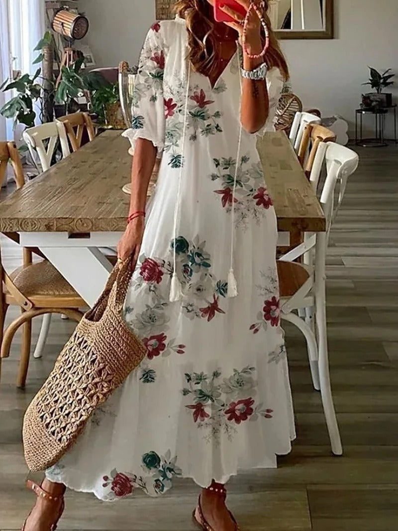Itemania Elegant Boho V-Neck Maxi Dress with Flowy Design