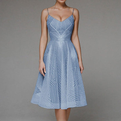 Itemania Women's Elegant Open Back Dress with Geometric Pattern for Wedding Guests