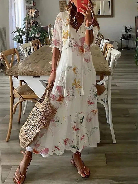 Itemania Elegant Boho V-Neck Maxi Dress with Flowy Design
