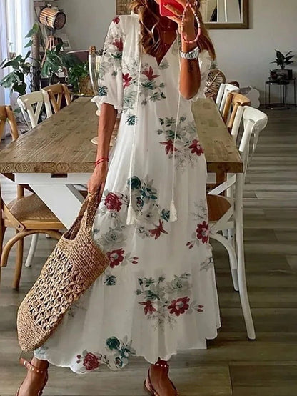 Itemania Boho V-Neck Maxi Dress with Flowy Design