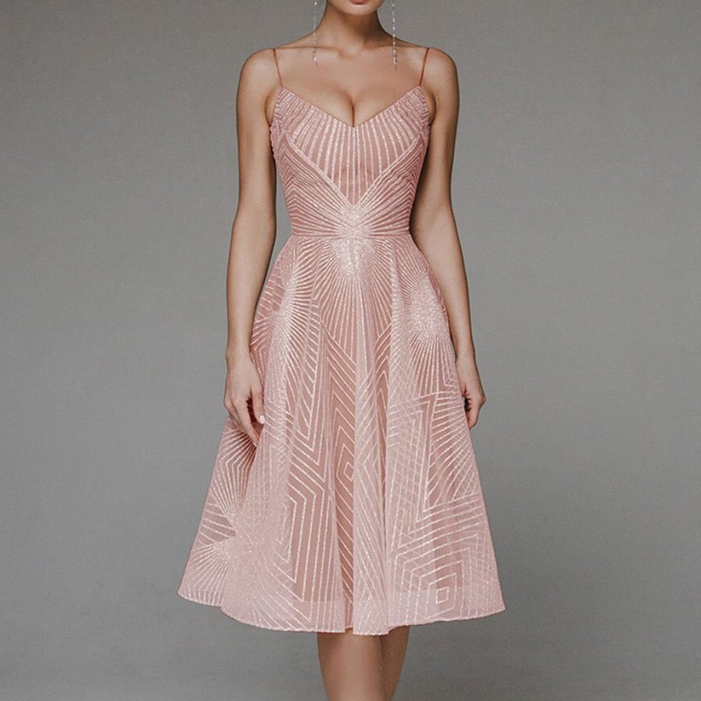 Itemania Women's Elegant Open Back Dress with Geometric Pattern for Wedding Guests