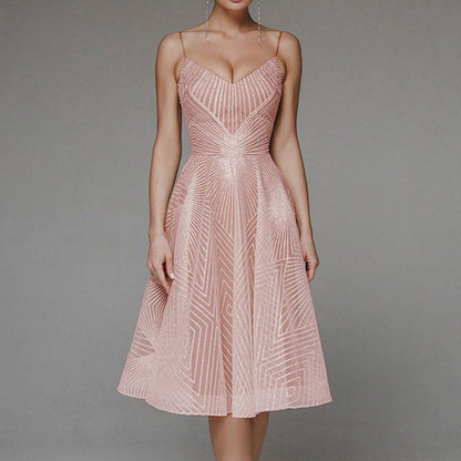 Itemania Women's Elegant Open Back Dress with Geometric Pattern for Wedding Guests