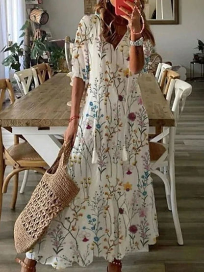 Itemania Elegant Boho V-Neck Maxi Dress with Flowy Design